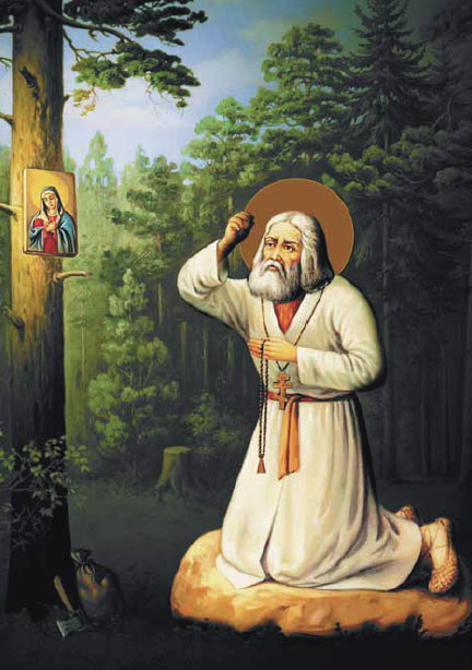 Saint Seraphim of Sarov prays to Mother of God